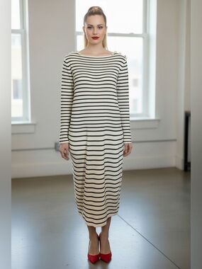 CHANEL 2017 P Striped Midi Dress with Shoulder Buttons